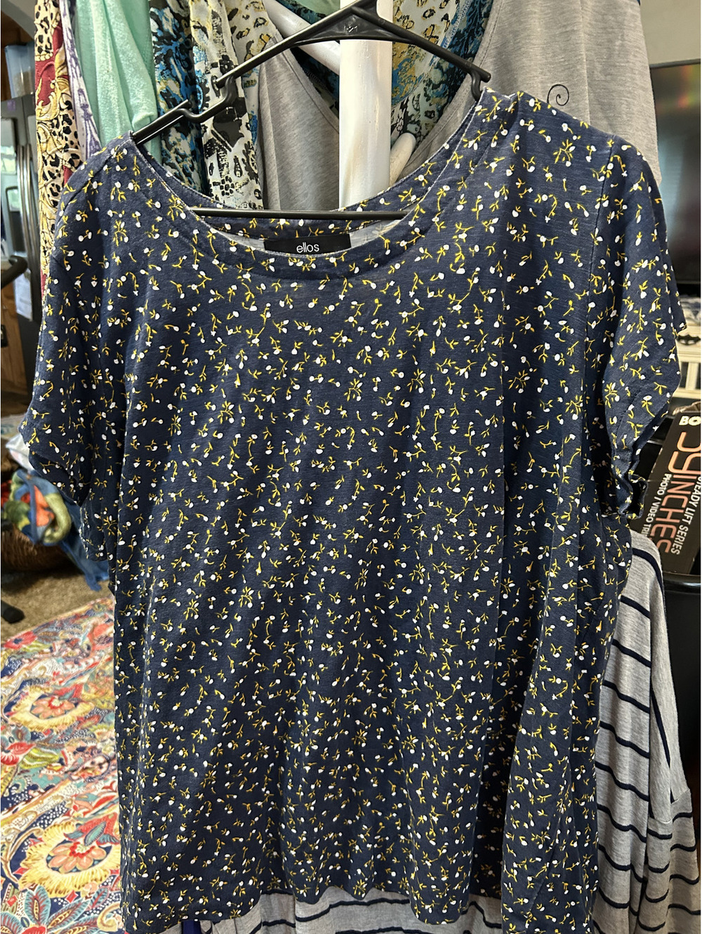 Ellos Navy Blue Floral Print Cotton T-Shirt Size 1X (22/24)